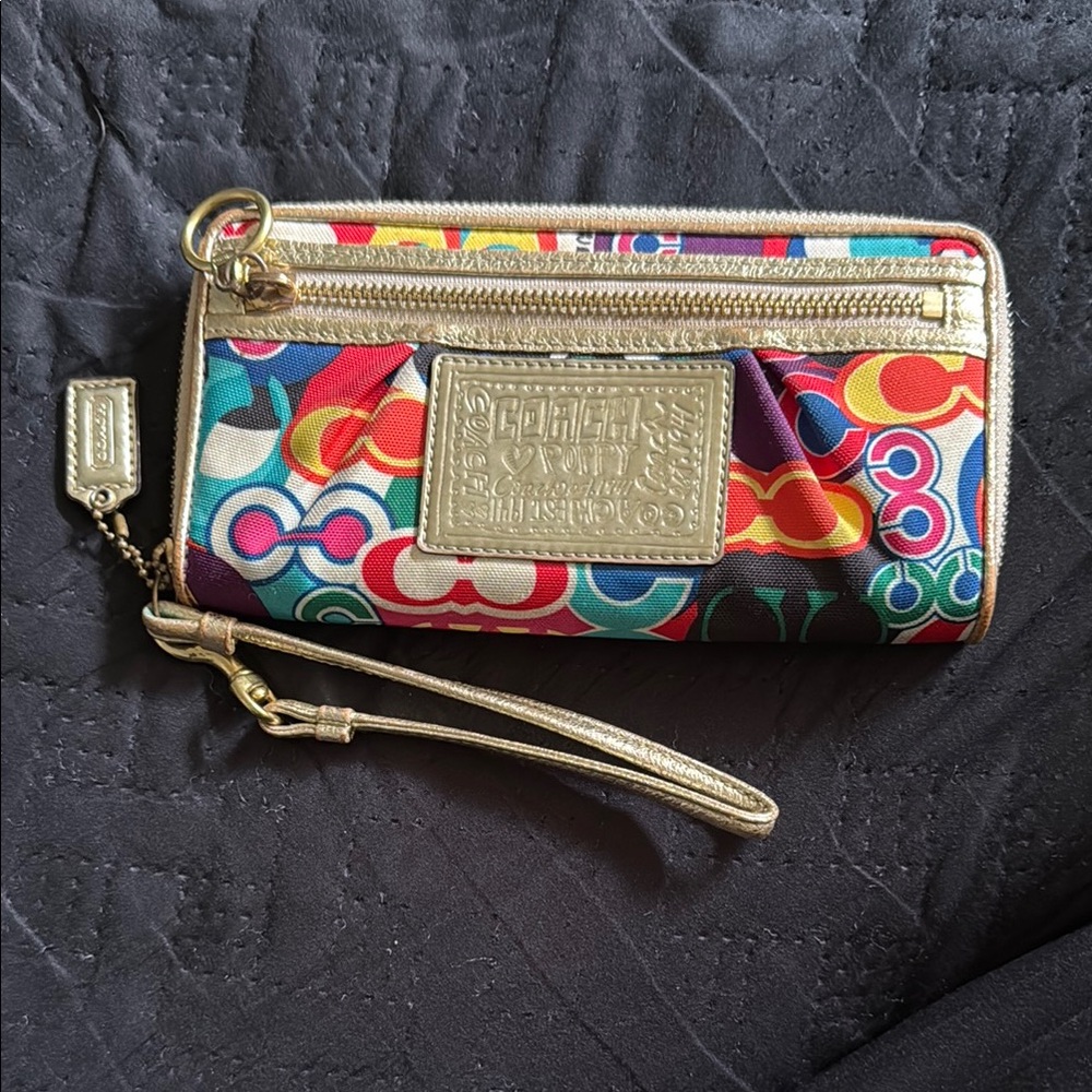 Coach x Poppy Multicolor Zipped Wristlet with Gold Embellishments